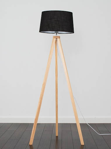 Light Wood Tripod Floor Lamp with Large Black linen-look Shade