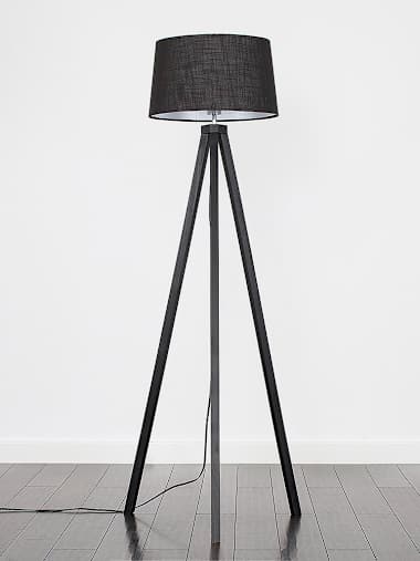 Black Wood Tripod Floor Lamp with Large Black linen-look Shade