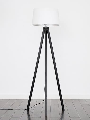 Black Wood Tripod Floor Lamp with Large White linen-look Shade