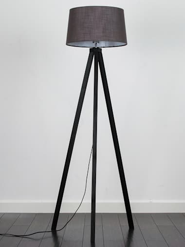 Black Wood Tripod Floor Lamp with Large Dark Grey linen-look Shade