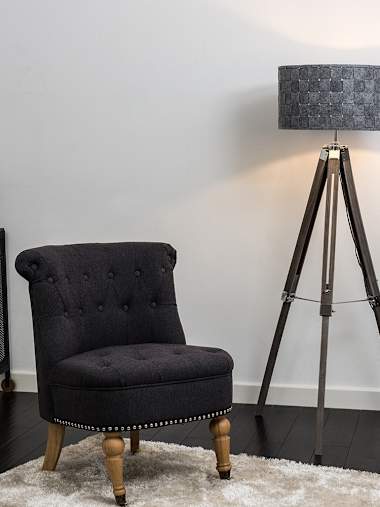 Light Wood and Chrome Tripod Floor Lamp with XL Grey Shade