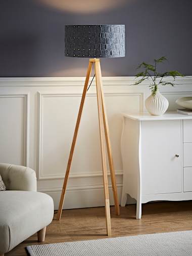 Light Wood Tripod Floor Lamp with Large Grey Woven Fabric Shade