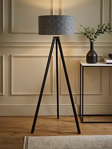 Black Wood Tripod Floor Lamp with Large Grey Woven Fabric Shade