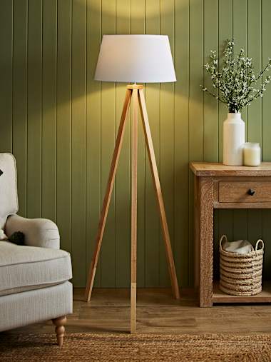 Barbro Light Wood Tripod Floor Lamp with Large White Tapered Shade