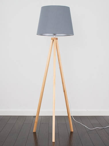 Light Wood Tripod Floor Lamp with Large Grey Tapered Shade