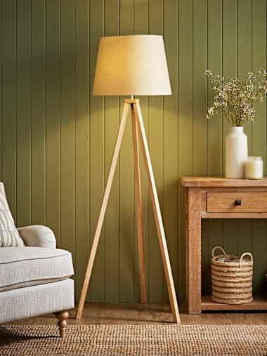 Barbro Light Wood Tripod Floor Lamp with Large Beige Tapered Shade