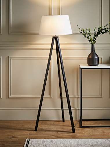 Black Wood Tripod Floor Lamp with Large White Tapered Shade