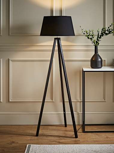 Black Wood Tripod Floor Lamp with Large Black Tapered Shade