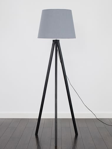 Black Wood Tripod Floor Lamp with Large Grey Tapered Shade