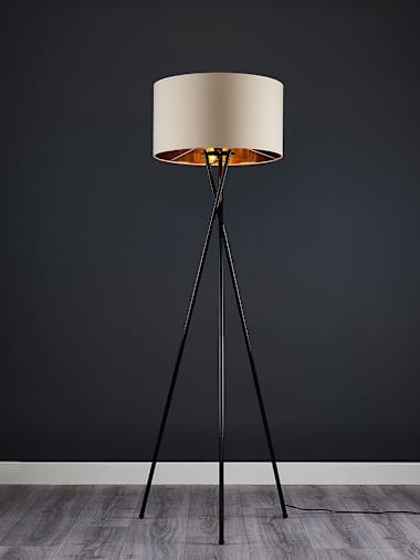 Camden Black Tripod Floor Lamp with Large Fawn and Gold Shade