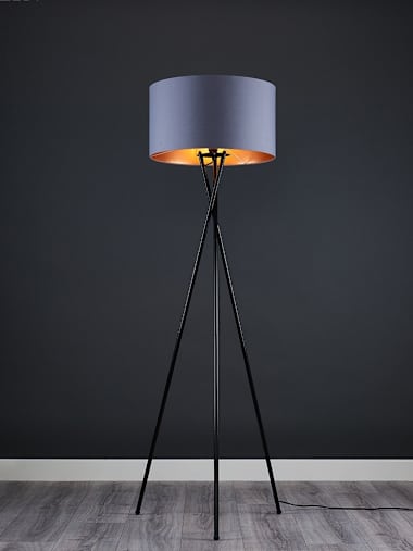 Camden Black Tripod Floor Lamp with XL Grey and Copper Shade