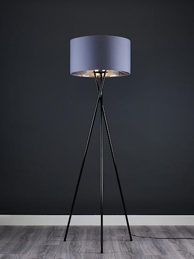 Black Tripod Floor Lamp with Large Black and Chrome Shade