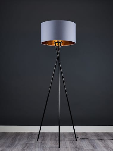 Black Tripod Floor Lamp with Large Grey and Gold Shade