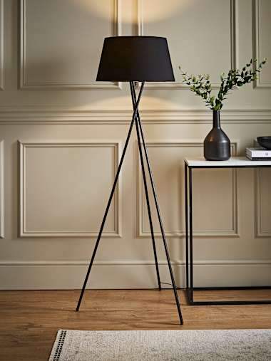 Black Tripod Floor Lamp with Large Black Tapered Shade