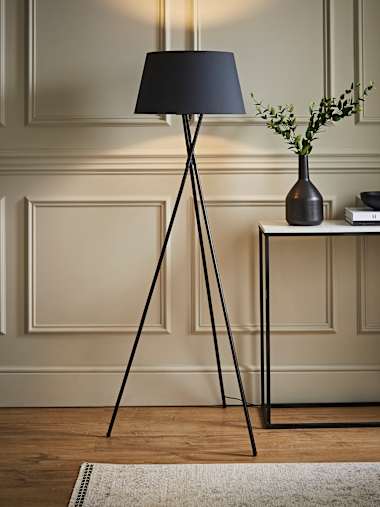 Black Tripod Floor Lamp with Large Grey Tapered Shade