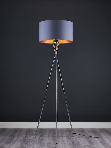 Camden Chrome Tripod Floor Lamp with XL Grey and Copper Shade