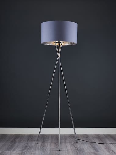 Camden Chrome Tripod Floor Lamp with Large Grey and Chrome Shade