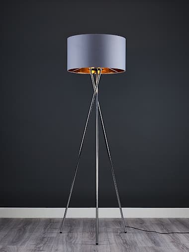 Camden Chrome Tripod Floor Lamp with XL Grey and Gold Shade