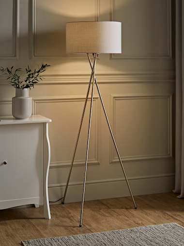 Camden Brushed Chrome Tripod Floor Lamp with Large Grey Shade