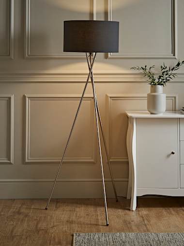 Camden Brushed Chrome Tripod Floor Lamp with Large Charcoal Shade