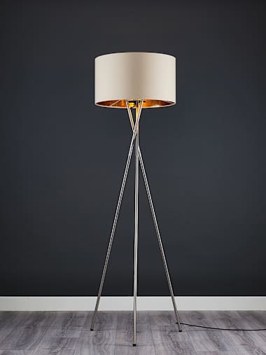 Brushed Chrome Tripod Floor Lamp with Large Beige and Gold Shade