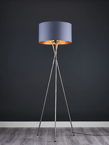 Camden Brushed Chrome Tripod Floor Lamp with Large Grey and Copper Shade