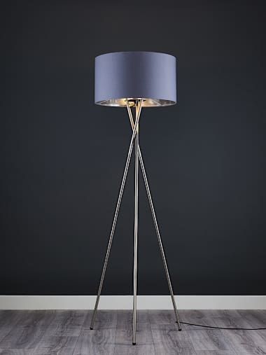 Camden Brushed Chrome Tripod Floor Lamp with Large Grey and Chrome Shade