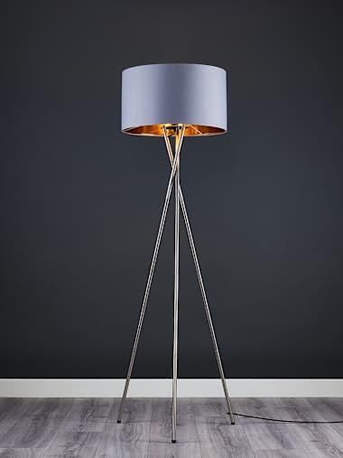 Camden Brushed Chrome Tripod Floor Lamp with XL Grey and Gold Shade