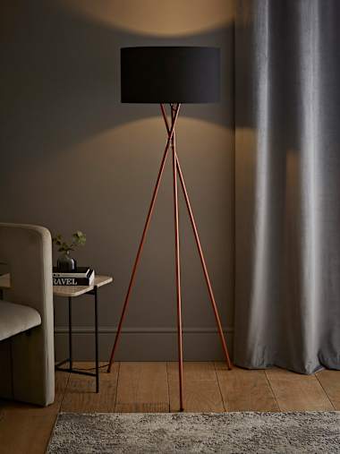 Camden Copper Tripod Floor Lamp with Large Black Shade