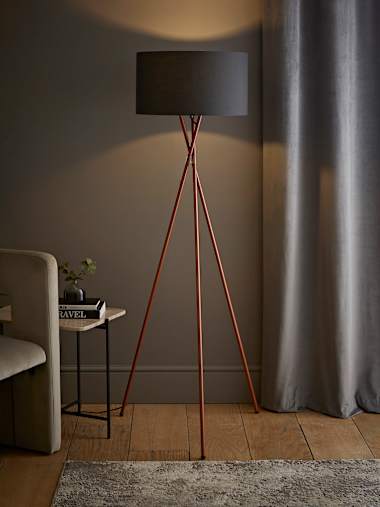 Copper Tripod Floor Lamp with Large Charcoal Shade