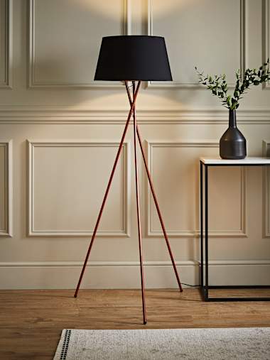 Camden Copper Tripod Floor Lamp with XL Black Shade