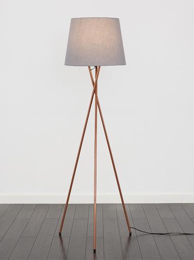 Copper Tripod Floor Lamp with Large Grey Tapered Shade