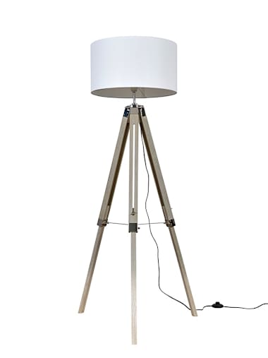 Light Wood and Chrome Floor Lamp with Large White Shade