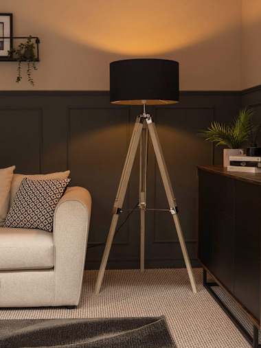 Light Wood and Chrome Floor Lamp with Large Navy Blue Shade