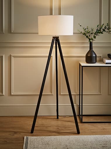 Black Wood Tripod Floor Lamp with Large White Shade
