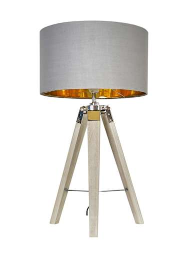 Clipper Light Wood Tripod Table Lamp with Warm Grey and Gold Inner Shade
