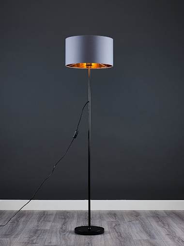 Black Floor Lamp with Grey and Gold Drum Shade