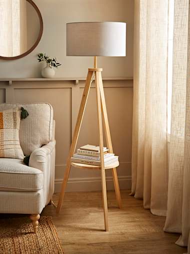 Light Wood Tripod Floor Lamp with Large Grey Shade