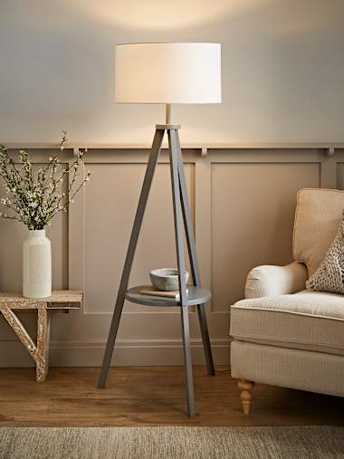 Morrigan Grey Wood Tripod Floor Lamp with Large White Shade