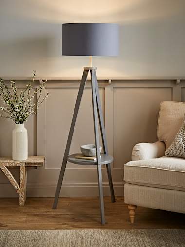 Morrigan Grey Wood Tripod Floor Lamp with Large Grey and Chrome Shade