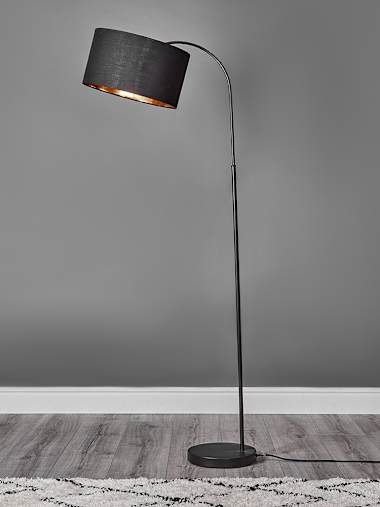 Curva Black Arc Floor Lamp with Large Black and Gold Shade