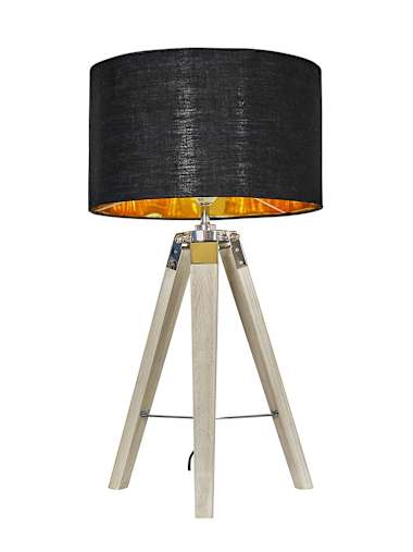 Clipper Light Wood Table Lamp with Large Black and Gold Shade