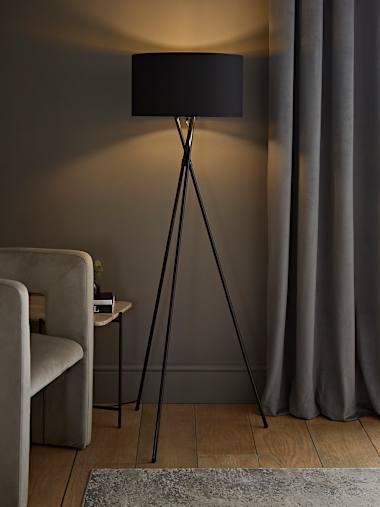 Camden Black Tripod Floor Lamp with Large Black and Gold Shade