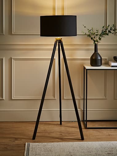 Black Wood Tripod Floor Lamp with Large Black and Gold Shade