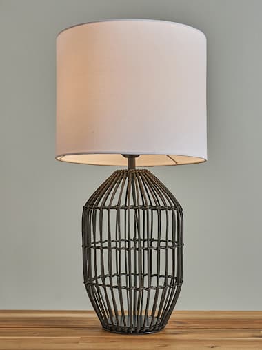 Small Matte Black Rattan Table Lamp with White Shade