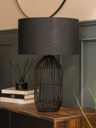 Hollins Large Matte Black Rattan Table Lamp with Black Shade