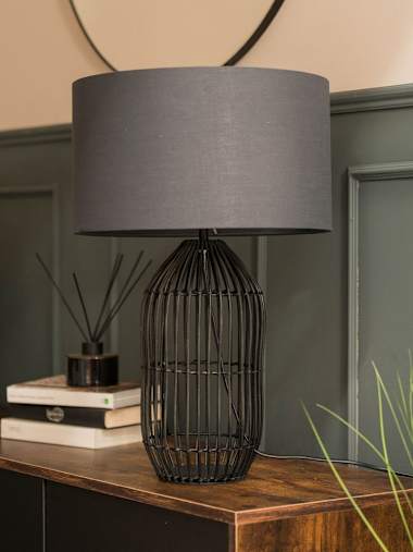 Large Matte Black Rattan Table Lamp with Charcoal Shade