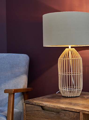 Hollins Large Natural Rattan Table Lamp with Beige and Gold Shade