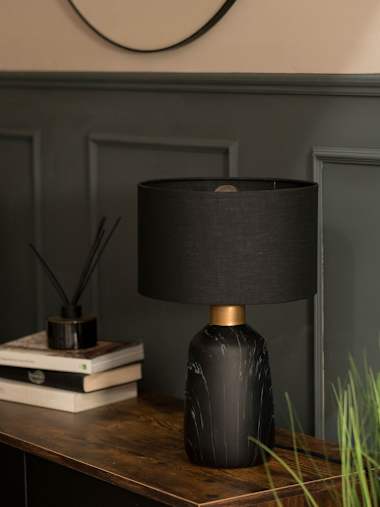 Selma Black Marble Effect Table Lamp with Black Shade