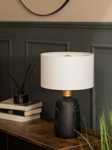 Black Marble Effect Table Lamp with White Shade